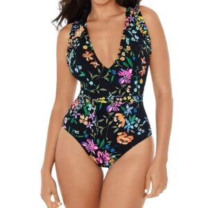 Skinnydippers Miraclesuit baby kiss cinch ruffle dark floral one piece swimsuit